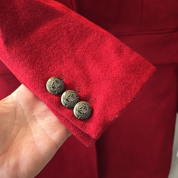 Lauren Ralph Lauren Long Red Wool Blend Button-Up Coat With Crest Patch Size 8 - Picture 6 of 16